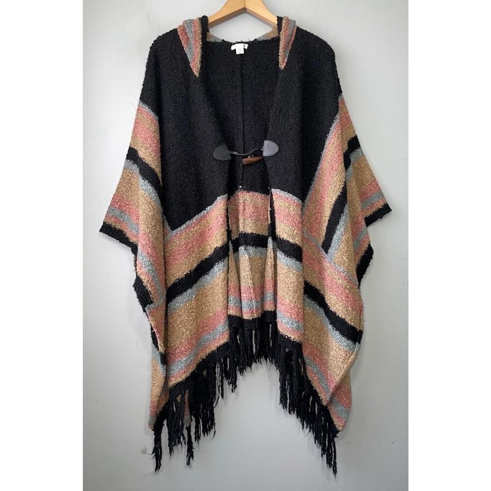 Toggle Fringed Poncho Size Small Medium Cape Hooded Festival Boho Grunge Western